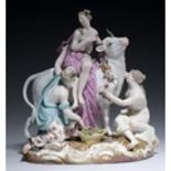 A MEISSEN GROUP OF EUROPA, LATE 19TH C, 23CM H, INCISED 2697, UNDERGLAZE BLUE CROSSED SWORDS WITH