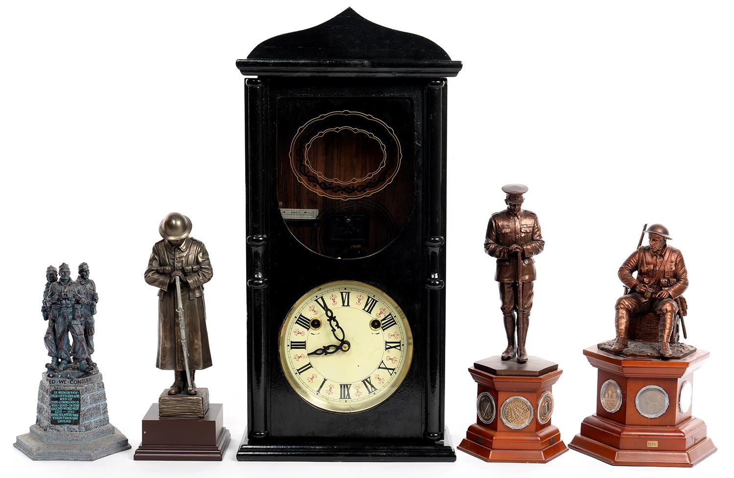 FOUR BRONZED RESIN AND OTHER SCULPTURES OF SOLDIERS AND A BLACK PAINTED WOOD WALL CLOCK