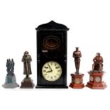 FOUR BRONZED RESIN AND OTHER SCULPTURES OF SOLDIERS AND A BLACK PAINTED WOOD WALL CLOCK