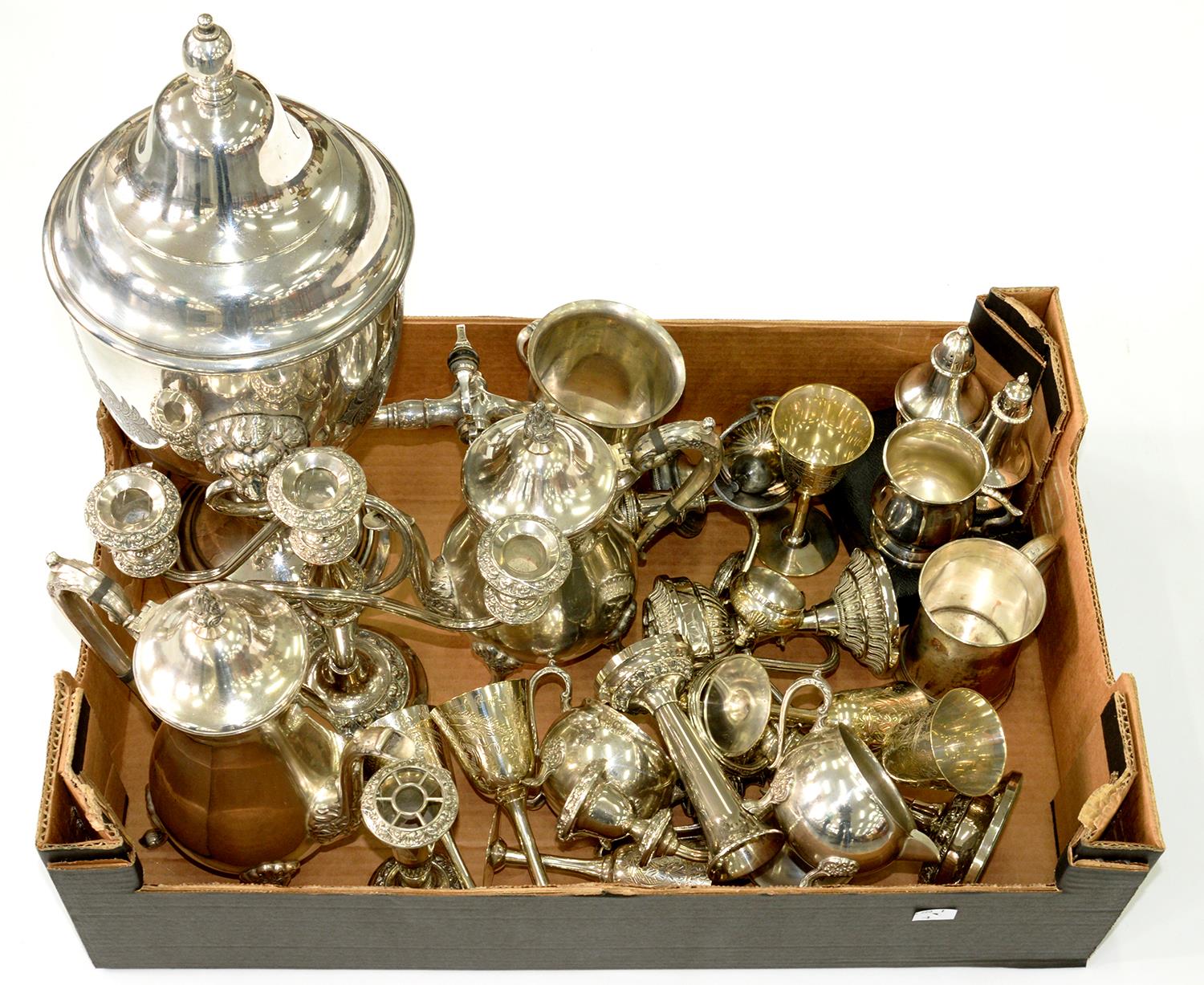 MISCELLANEOUS PLATED WARE, TO INCLUDE TEA URN, ETC