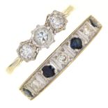 A DIAMOND THREE STONE RING IN PLATINUM, MARKED PLAT, SIZE N AND A SAPPHIRE AND DIAMOND RING IN 9CT