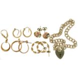 MISCELLANEOUS GOLD JEWELLERY, IO INCLUDE A 9CT GOLD BRACELET, LONDON 1975, FOUR PAIRS OF EARRINGS,