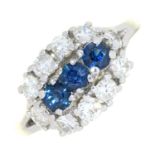 A SAPPHIRE AND DIAMOND TRIPLE CLUSTER RING IN WHITE GOLD, MARKED 18CT, 5G, SIZE N MINOR ABRASIONS TO