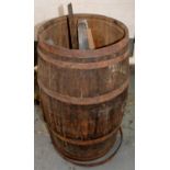 VICTORIAN OAK COOPERED BARREL, WITH6  SAWS AND A TURNED OAK CANDLESTICK