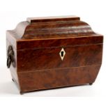 A REGENCY YEW WOOD AND LINE INLAID TEA CADDY,THE DIVIDED INTERIOR WITH PAIR OF LIDS, BRASS