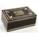 AN INDIAN BONE INLAID EBONY WORK BOX WITH FITTED INTERIOR, 22CM L, 19TH C
