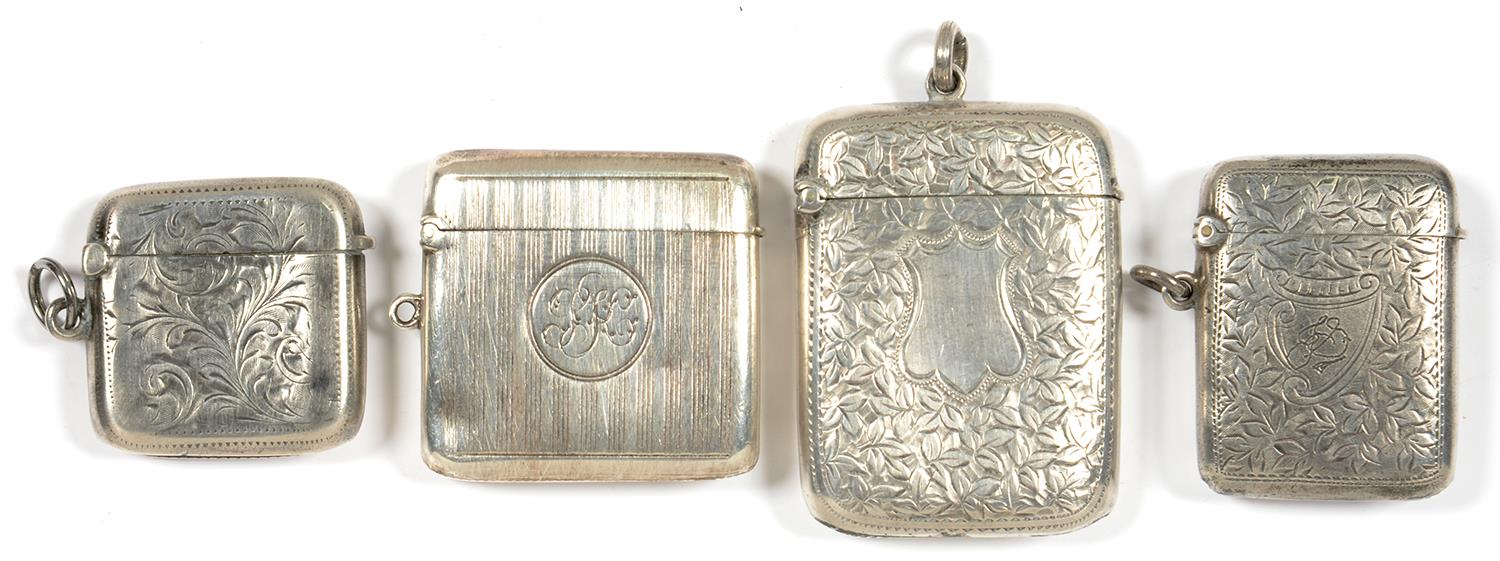 FOUR SILVER VESTA CASES, VICTORIAN AND LATER, LARGEST 5.5 X 4.5 CM, 3OZS 17DWTS HINGES ALL IN GOOD