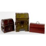 TWO CLOSE NAILED RED OR GREEN LEATHER COVERED WOOD CASKETS AND A MAROON LEATHER COVERED TRUNK, BRASS