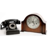 AN  ERICSSON BAKELITE TABLE TELEPHONE, BASE MARKED N 1002 H  AND A SMITH'S OAK MANTEL CLOCK WITH