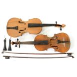 TWO VIOLINS AND TWO BOWS, POOR CONDITION