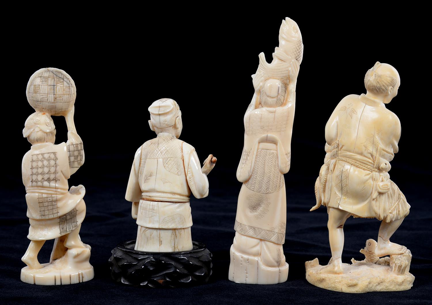 A JAPANESE IVORY OKIMONO OF A FISHERMAN AND THREE OTHER CONTEMPORARY FIGURES, FISHERMAN 13.5CM H, - Image 2 of 2