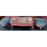 A PAIR OF VICTORIAN MAHOGANY BEADWORK FOOTSTOOLS, 24CM D AND A VICTORIAN WALNUT FOOTSTOOL WITH