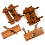 FOUR VARIOUS BRITISH PLOUGH AND OTHER WOODEN PLANES, BY T TURNER OF SHEFFIELD, MELHUISH LONDON,