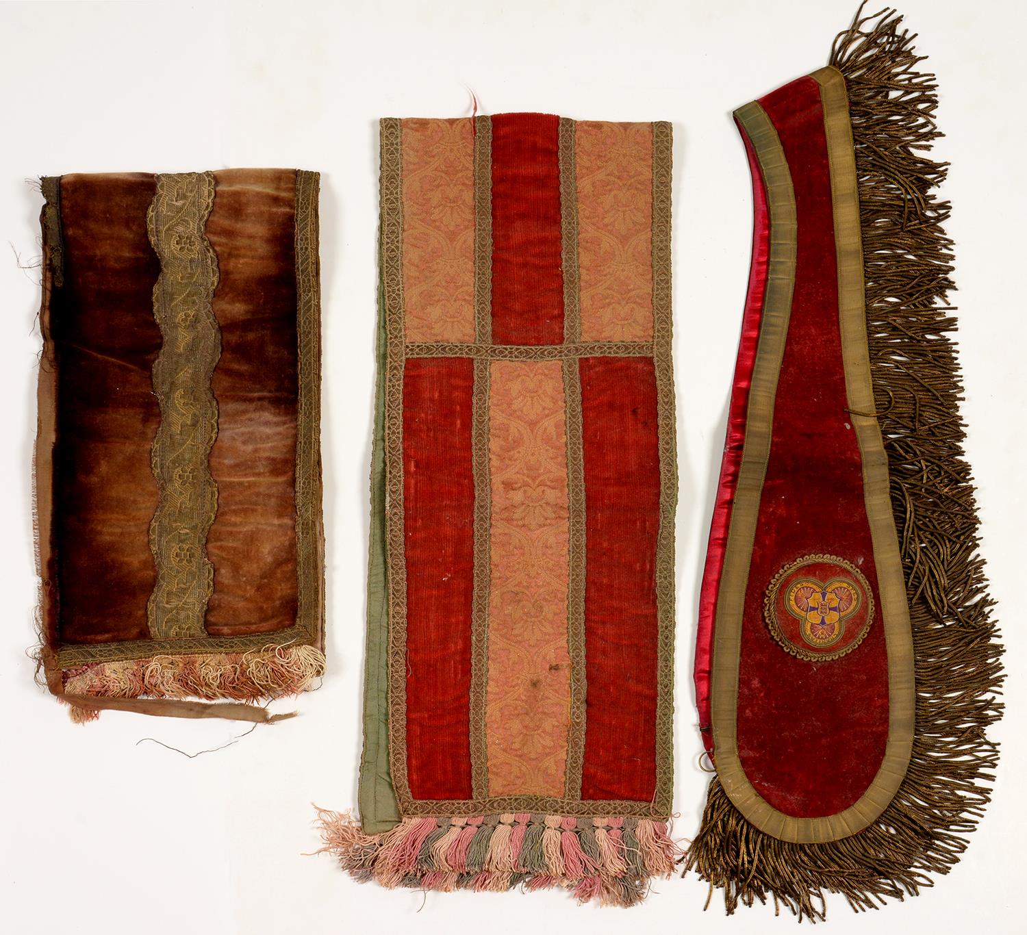 TWO VELVET AND METAL THREAD EMBROIDERIES AND A STOLE