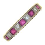 A DIAMOND AND RUBY RING IN 18CT GOLD, BIRMINGHAM 1975, 3.5G, SIZE I ½ ONE RUBY CHIPPED, OTHERS