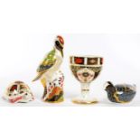 A  ROYAL CROWN DERBY IMARI GOBLET, 12CM  H, PRINTED MARK AND THREE ROYAL CROWN DERBY PAPERWEIGHTS,