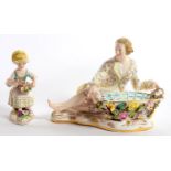 A STAFFORDSHIRE FLORAL ENCRUSTED SWEETMEAT FIGURE AFTER A MEISSEN MODEL, 15CM H, C1840 AND A SAMPSON