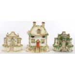 A STAFFORDSHIRE COTTAGE NOVELTY PASTILLE BURNER AND COVER, 11C H, C1830 AND TWO OTHERS