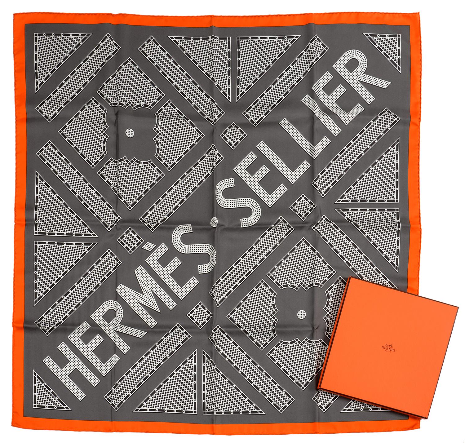 HERMÉS. 'SELLIER' GREY SQUARE SILK SCARF WITH ORANGE TRIM, 90 x 90 CM, BOXED