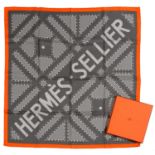 HERMÉS. 'SELLIER' GREY SQUARE SILK SCARF WITH ORANGE TRIM, 90 x 90 CM, BOXED