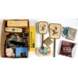 MISCELLANEOUS COSTUME JEWELLERY, COINS, DRESSING TABLE SET, ETC