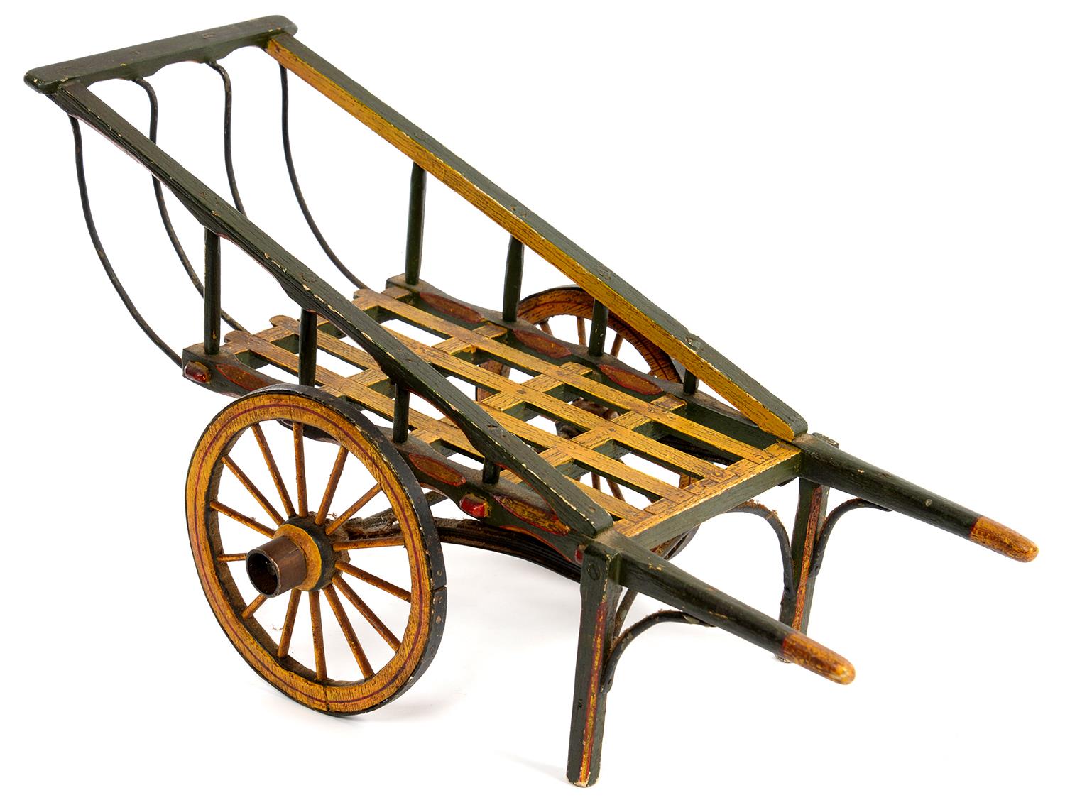 A PAINTED WOOD AND IRON MODEL OF A 19TH C HAND CART, 39.5CM L