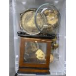 MISCELLANEOUS CLOCKS AND CLOCK PARTS, INCLUDING BRASS MOVEMENTS, PENDULUMS, SILVERED BAROMETER