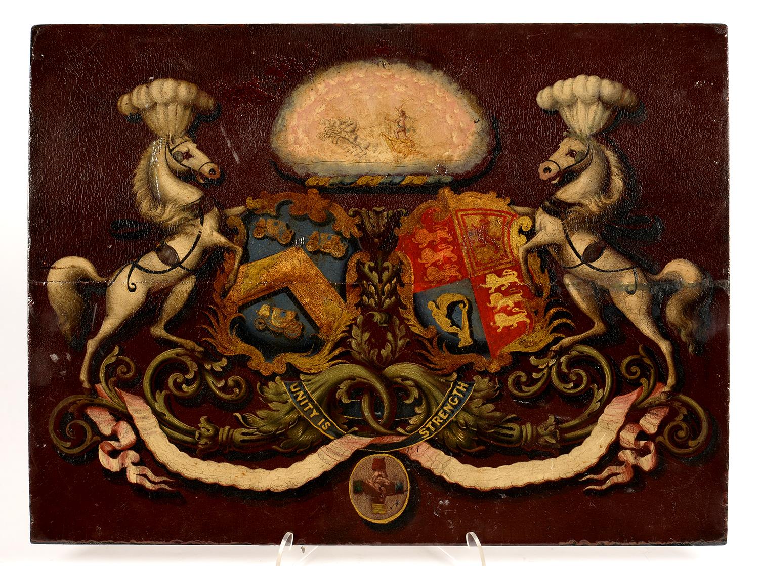 A 19TH CENTURY COACH PANEL, PAINTED BY A HERALD PAINTER