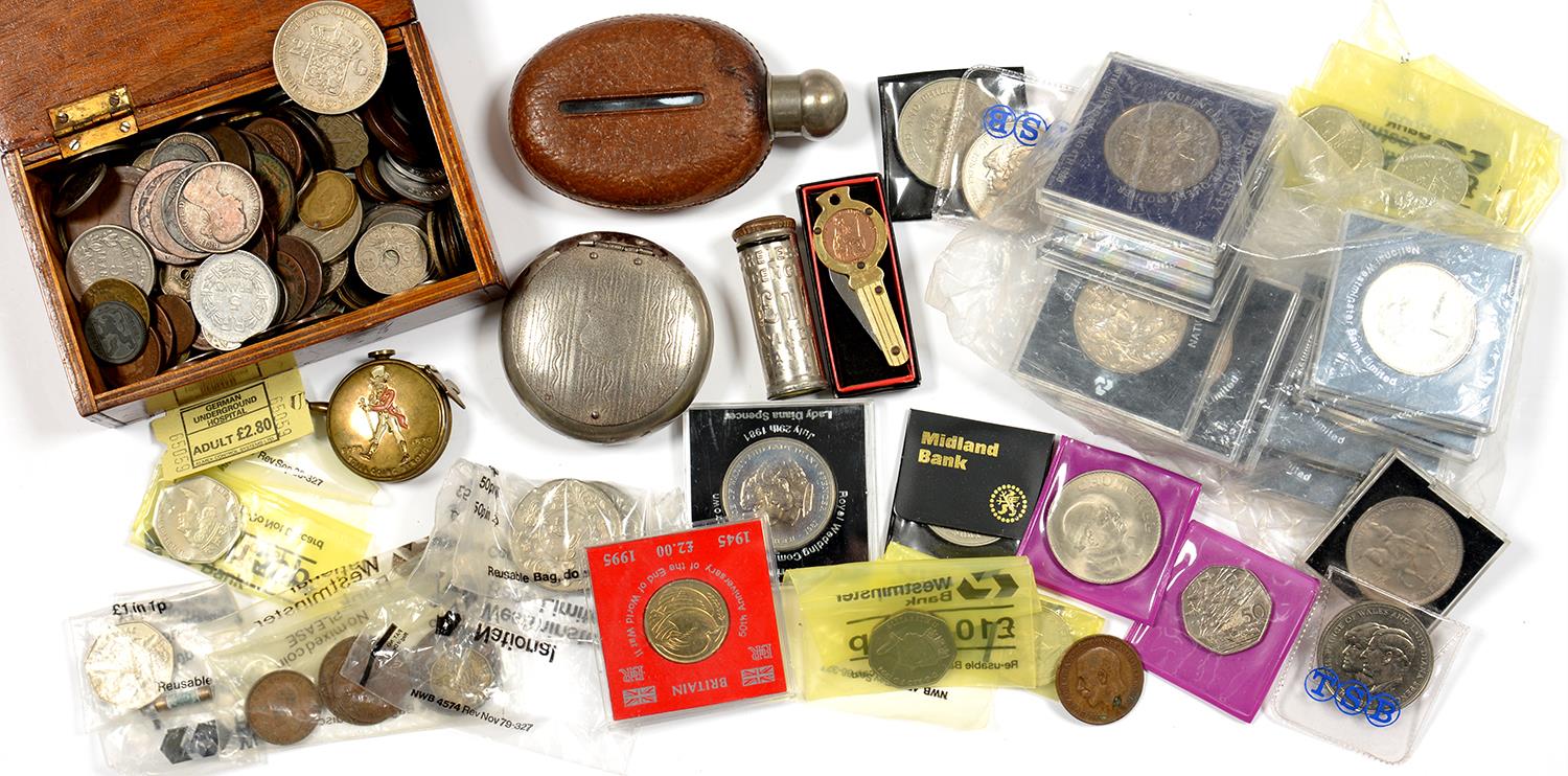 MISCELLANEOUS COINS,  A PIGSKIN COVERED HIP FLASK, A BRASS JOHNNY WALKER ADVERTISING TAPE MEASURE,