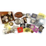 MISCELLANEOUS COINS,  A PIGSKIN COVERED HIP FLASK, A BRASS JOHNNY WALKER ADVERTISING TAPE MEASURE,