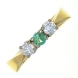 AN EMERALD AND DIAMOND THREE STONE RING IN GOLD, MARKED 585, 3.8G, SIZE O GOOD CONDITION. NO