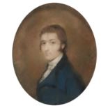 ENGLISH SCHOOL, EARLY 19TH CENTURY PORTRAIT OF A YOUNG MAN, BUST LENGTH IN A BLUE COAT AND WHITE