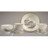 FOUR SPODE BAT PRINTED TEA WARES, THE PRINTS INCLUDING LLANGOLLEN BRIDGE AND A HIND, RIMS GILD OR IN