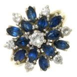 A SAPPHIRE AND DIAMOND CLUSTER RING, IN WHITE GOLD, MARKED 14K, 7.7G, SIZE G Good condition