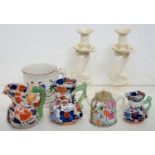 A CANTON FAMILLE ROSE BELL SHAPED TEAPOT AND COVER, 11CM H, 19TH C, TWO MASON'S IRONSTONE JUGS,