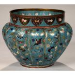 A JAPANESE LOBED CLOISONNE ENAMEL JARDINIERE, DECORATED WITH BIRDS, BUTTERFLIES AND FLOWERS ON A
