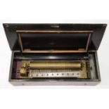 A SWISS MUSICAL BOX, WITH 33CM PINNED CYLINDER AND ONE PIECE COMB, IN BURR WALNUT AND EBONISED CASE,