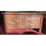 A CARVED AND PANELLED OAK BLANKET CHEST, 45CM H X 89CM W,   LATE 17TH C RECONSTRUCTION