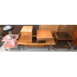 A 1970'S TEAK GLASS TOPPED COFFEE TABLE, 43CM H; 135 X 49CM, A BEDSIDE CABINET, 53CM H; 36 X 37CM, A