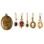 FIVE GOLD PENDANTS, VARIOUSLY GEM SET, EACH ON A GOLD NECKLET MARKED 9K, 10.3G AND A GOLD PLATED