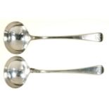 A PAIR OF GEORGE III SILVER SAUCE LADLES, OLD ENGLISH PATTERN, CRESTED, BY SARAH AND JOHN WILLIAM