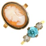 A ZIRCON AND DIAMOND THREE STONE RING IN 18CT GOLD, LONDON 1964, 2.6G, SIZE J½ AND A CAMEO RING IN