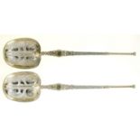 A PAIR OF VICTORIAN PARCEL GILT SILVER COMMEMORATIVE CORONATION SPOONS IN THE FORM OF THE