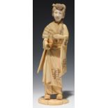 A JAPANESE IVORY OKIMONO OF A BIJIN HOLDING A FAN IN HER LEFT HAND, 20.5CM H, SIGNED MASAKAZU/