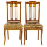 A PAIR OF EDWARD VII AFRICAN WALNUT AND INLAID CHAIRS, C1900, WITH DOUBLE PALMETTE HEADED SPLAT