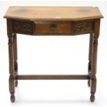 A VICTORIAN CARVED OAK SIDE TABLE ON STRETCHER BASE, 77CM H; 76 X 40CM