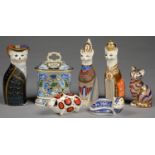 THREE ROYAL CROWN DERBY ROYAL CATS PAPERWEIGHTS, THREE OTHERS AND A MINTON BONE CHINA ROYAL MOSAIC