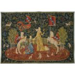 A MEDIEVAL STYLE WOVEN HANGING OF A LADY AND MAID IN A GARDEN FLANKED BY LION AND UNICORN, 122 X