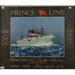 SHIPPING. ORIGINAL PRINCE LINE POSTER, ARTWORK BY KENNETH D. SHOESMITH, IN OAK FRAME, C1920, 65 X