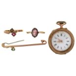 TWO GOLD RINGS AND A BAR BROOCH, VARIOUSLY GEM SET, 5.6G AND A GOLD  AND ENAMEL CYLINDER LADY'S